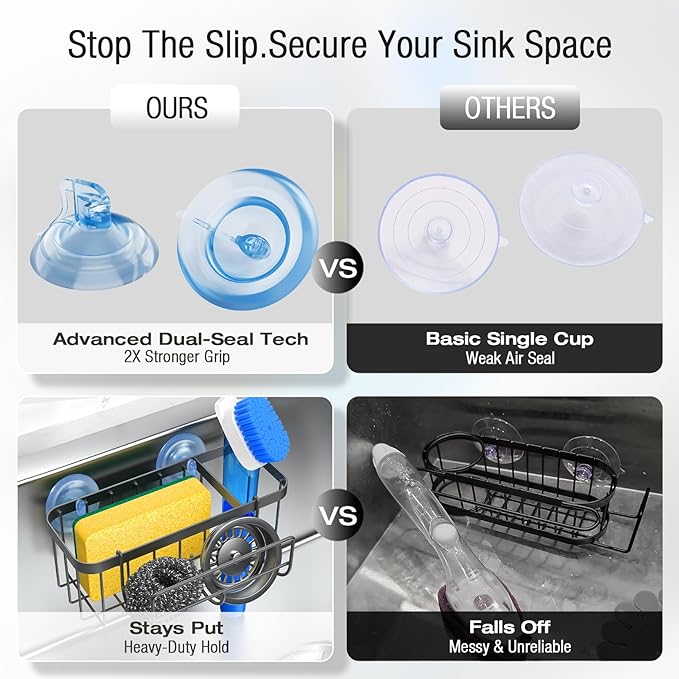 3-in-1 Kitchen Sink Caddy Organizer with Sponge Holder, Brush Holder, Extra Rack for Scrubber, Sink Stopper, Dish Cloth Hanger - Strong Dual Suction Cup, 2.0mm SUS304 Stainless Steel - Grey
