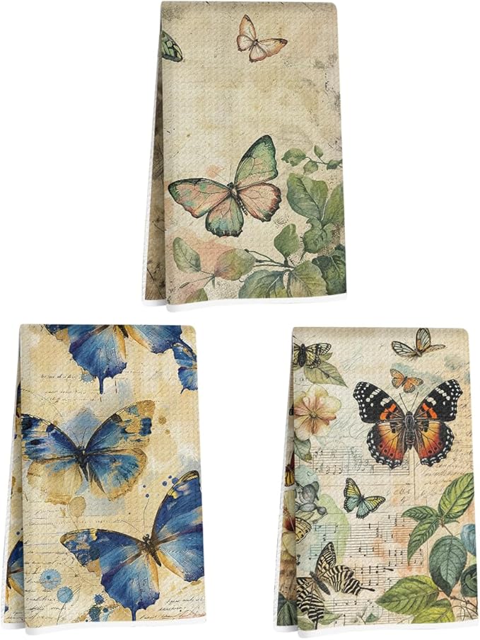 Jztco 3 Pcs Vintage Butterfly Kitchen Towels, Artistic Decorative Absorbent Microfiber Dish Cloth Tea Towel, Botanical Waffle Hand Towels for Farmhouse Home Bathroom, Butterfly Gifts for Women 2