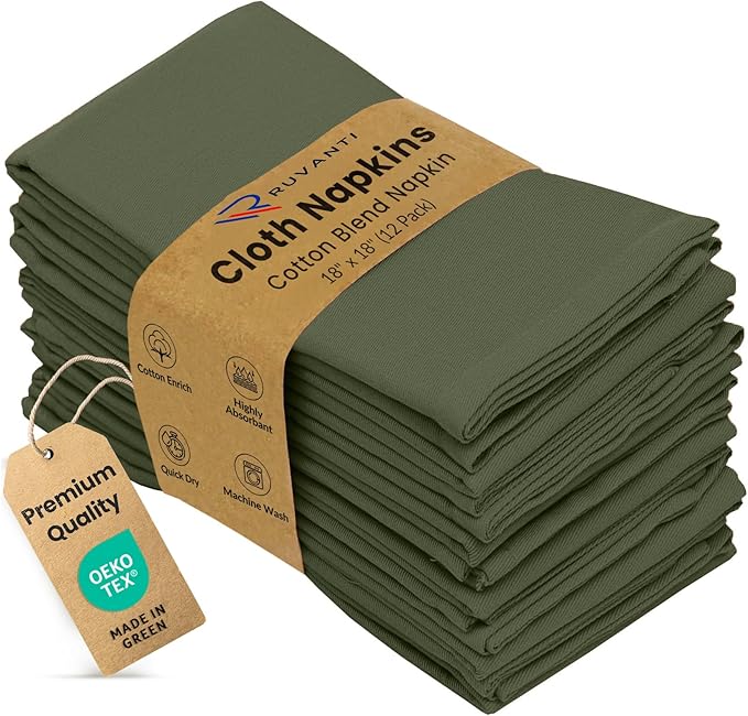 Ruvanti Cloth Napkins set of 12, 18x18 Inches Napkins Cloth Washable, Soft, Durable, Absorbent, Cotton Blend. Table Dinner Napkins Cloth for Hotel, Lunch, Restaurant, Weddings, Parties - Martini Olive