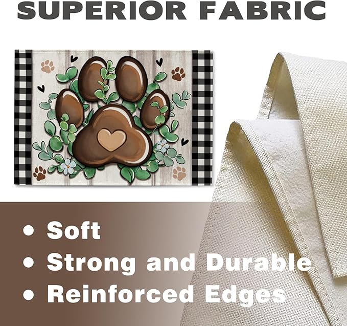 Cat Dog Paw Prints Placemats Set of 4, Eucalyptus Leaves Buffalo Plaid Dining Place Mats Table Decor, Farmhouse Flower Home Kitchen Decoration Pet Owner Lover Gifts 12''x18''