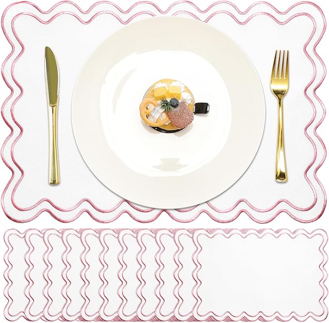 Linen Placemats Set of 12 Scalloped Placemat 13 X19 Wavy Embroidery Double Layered Washable Farmhouse Dinner Fabric Table Mat Napkin for Wedding Party Christmas Hotel Restaurant(Pink)