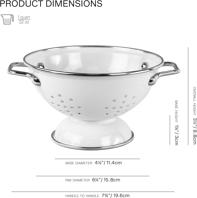 Reston Lloyd, 1 Quart Powder Coated Steel Kitchen Strainer Basket for draining Pasta, Vegetable and Fruit, Chrome Handles and Wide Stable Base, White