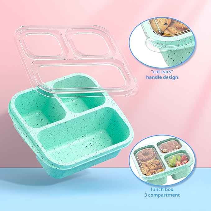 Snack Boxes (3 Pack) - Stackable Bento Boxes with 3 Compartments, Meal Prep Containers Reusable, Lightweight Lunch Containers for Kids and Adults, BPA Free (Green)