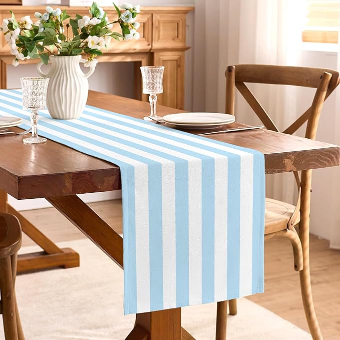 Light Blue and White Cabana Striped Table Runner Coastal Theme Wedding Party Decoration Birthday Baby Shower Dining Room Home Kitchen Table Decor (13" x 72")