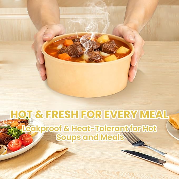 50 Count 34 oz Disposable Meal Prep Containers with Lids, Soup Serving Bowls Disposable Paper Bowls | Microwave-Safe | for Party, Takeout, Gatherings, Outdoor Meals