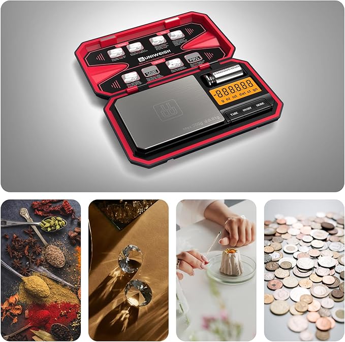 UNIWEIGH Travel Digital Pocket Scale 200g/0.01g, Digital Gram Scales, Mini Food Scale with 50g Calibration Weight for Food, Powder,Small Items, Tea, Jewelry, Coins (Battery Included)-Red