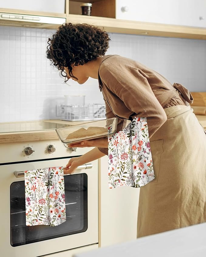 Miss Adola Flour Sack Kitchen Towels Set of 2-18x26 Cotton Dish Towels with Hanging Loop Reusable Tea Towel for Cleaning Spring Absorbent Dishcloths Cute Home Decor Housewarming, Flower Shrubs