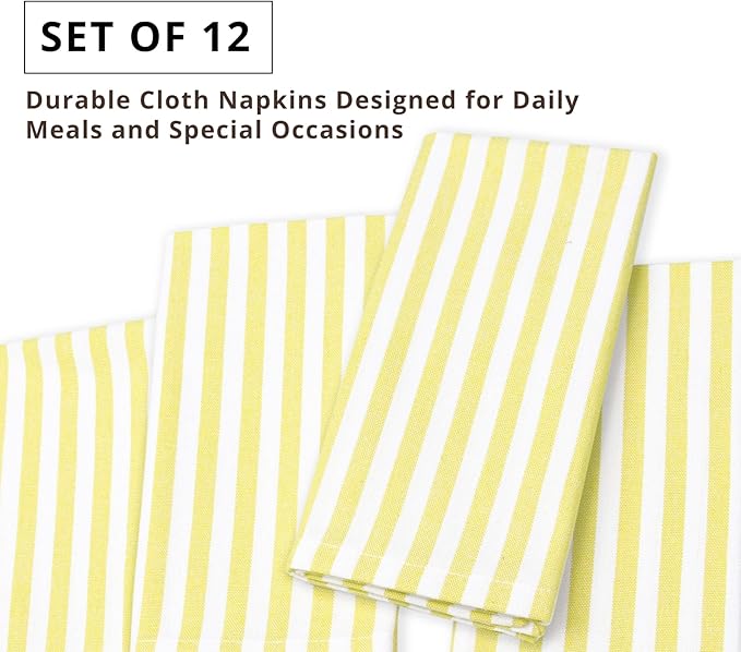PurpleEssences Plain Striped Cloth Napkins - Set of 12-100% Cotton - 18 x 18 Inch - Spring Easter Summer and Perfect Everyday Use Dinner Napkin - Yellow and White