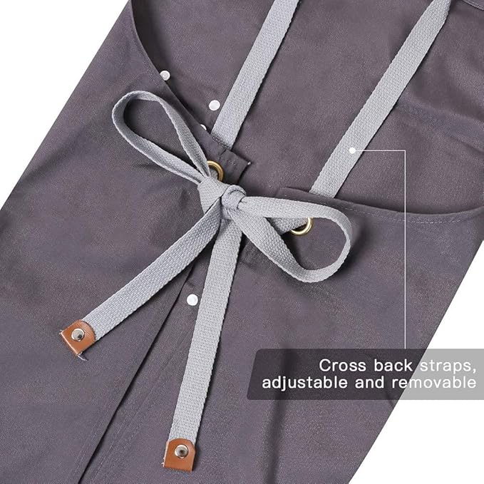 Mignongirl Chef Apron,Cross Back Apron for Men Women with Adjustable Straps and Large Pockets,Canvas,M-XXL (Grey)