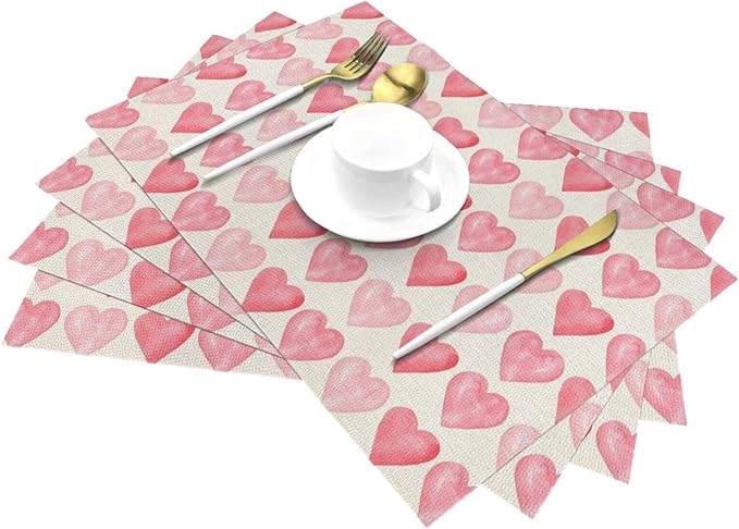 Valentine's Place mats Set of 4,12x18 Inches Valentine's Decor Pink Love Heart Placemats Rectangle Mother's Day Wedding Anniversary Decoration Table Mats for Party Home Kitchen Dining Table