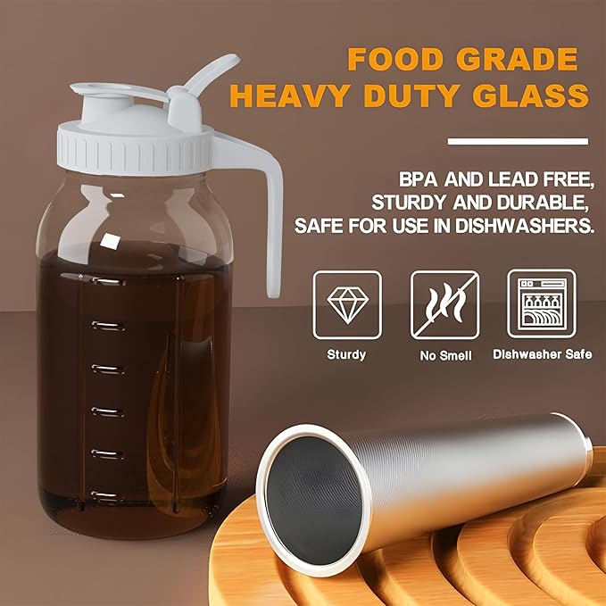 JunVpic Cold Brew Coffee Maker Jar - 64oz Thick Glass Multipurpose Mason Pitcher Spout Lid with Handle & Stainless Steel Filter for Iced Coffee, Lemonade, Ice Tea, Homemade Fruit Drinks Container