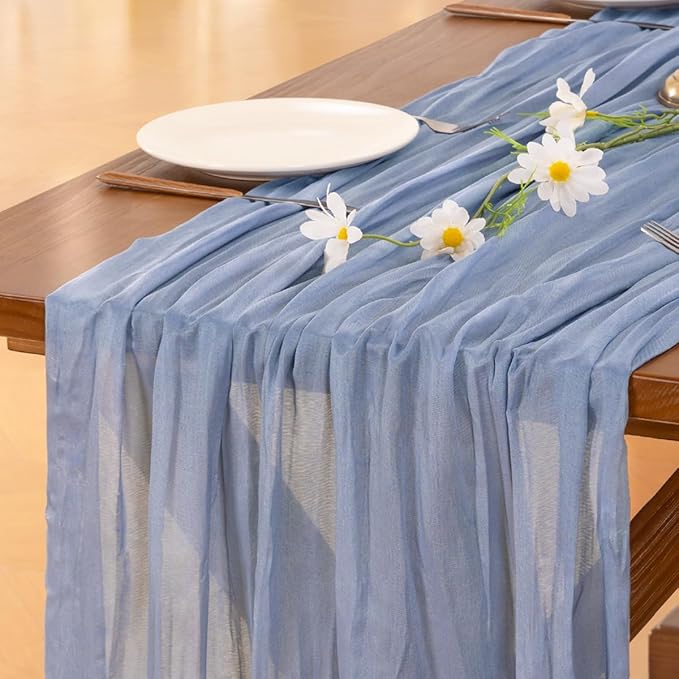 Socomi 10pcs Dusty Blue Valentine's Day Cheesecloth Table Runner Boho Rustic Gauze 120 inch 10FT Cheese Cloth Runner for Wedding Party Baby Shower Birthday Home Decor Holiday Decorations