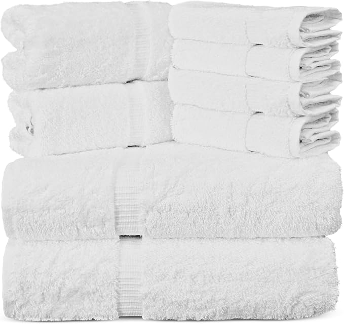 Towel Bazaar Premium Cotton Super Soft and Absorbent Turkish Towels (8-Piece Towel Set, White)