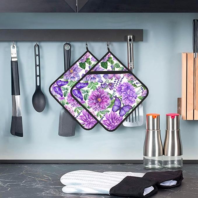 Pot Holders 2PCS Purple Flower Butterfly,Kitchen Heat Resistant Pot Holder for Women Men Home Cooking Baking Microwave BBQ Gifts