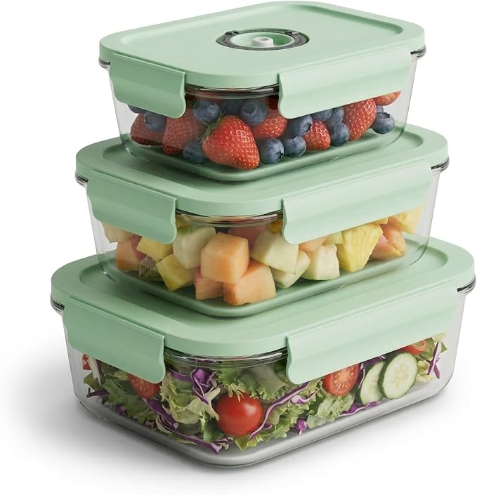 Glass Vacuum Sealable Container Set, 3 Rectangular Containers, 10 Bags, Hand Pump
