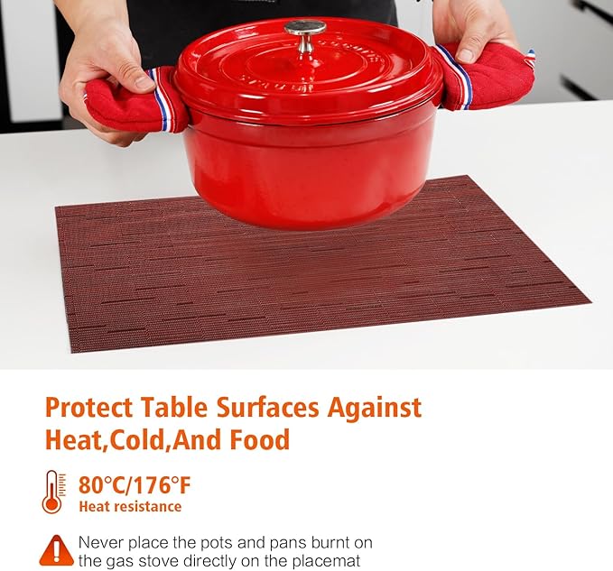 Placemats Set of 6,Washable,Heat and Stain Resistant Indoor/Outdoor Place mats,Vinyl Woven Non Slip Table Mats for Restaurant Table Protection,PVC Placemats(Red,6PCS)