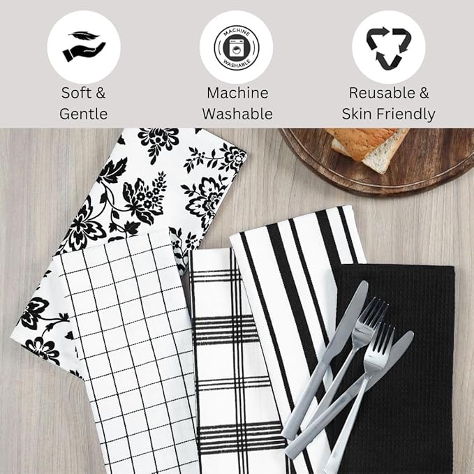 Assorted Kitchen Towels 100% Cotton 16x26 Inch - Super Absorbent, Soft & Quick Drying, Multi-Purpose for Drying & Cleaning, Ideal for Kitchen & Home Use, Set of 5 Low-Lint Dish Towels Black