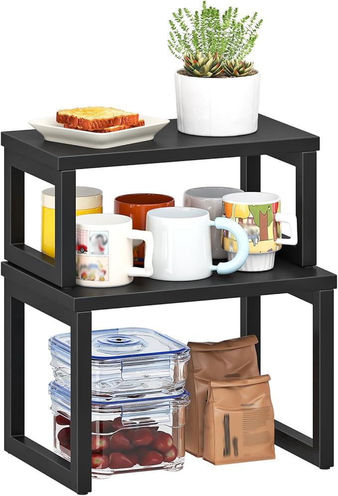 HOOBRO Cabinet Organizer Shelf, Set of 2 Kitchen Counter Shelves, Expandable Kitchen Storage, Stackable Bamboo Spice Rack, for Kitchen, Countertop, Office Desk, Living Room, Black BK20TL01
