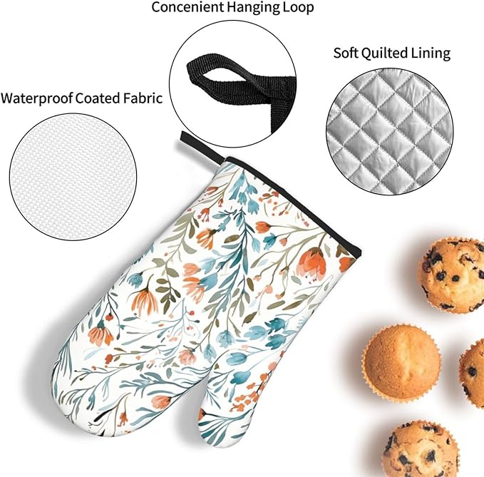 Teal Orange Watercolor Floral Oven Mitts and Pot Holders Sets of 3, Heat Resistant Non-Slip Washable, Chef Cooking Baking Gifts for Women Bakers, Burnt Orange Blue Green Flowers Charming Kitchen Decor