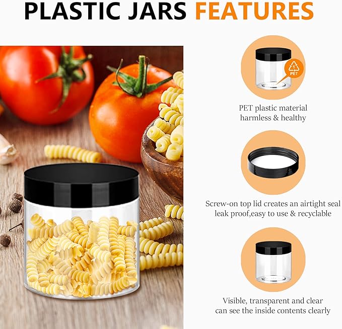 SLifeJars 6OZ Plastic Jars with Black Lids 40Pcs Empty Plastic Pot Jars Round Refillable Clear Slime Containers Jar Airtight Storage Jar for Travel Storage Home Kitchen Food Slime Making