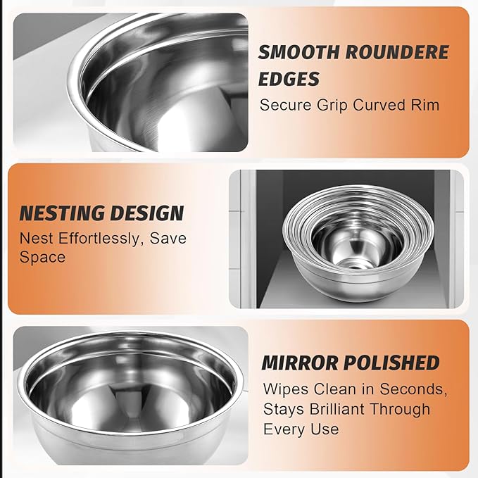 BEWOS 21 Pcs Mixing Bowls with Lids - 7 Stainless Steel Bowls, 3 Graters, 11 Practical Kitchen Accessories, Dishwasher Safe, Ideal for Baking, Meal Prep & On-the-Go, Easy to Store