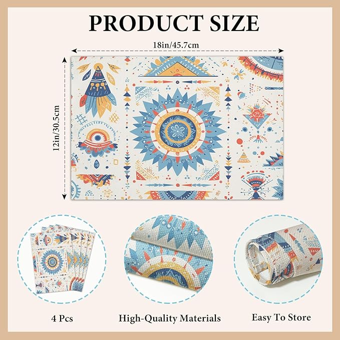 Cotton Linen Waterproof Placemats Set of 4, Bohemian Style Dining Mat Boho Table Mats Decor Fabric for Kitchen Dinner Coffee Shop Table, Indoor/Outdoor Washable Wipeable Placemat -N021