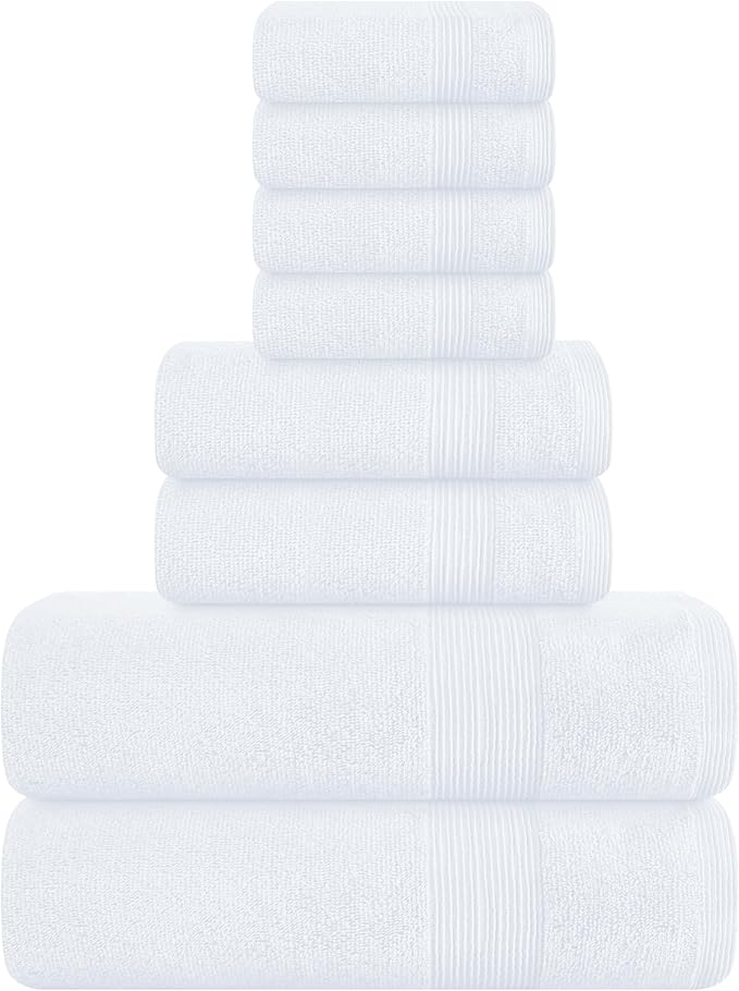 Belizzi Home 8 Piece Towel Set 100% Ring Spun Cotton, 2 Bath Towels 27x54, 2 Hand Towels 16x28 and 4 Washcloths 13x13 - Ultra Soft Highly Absorbent Machine Washable Hotel Spa Quality - White