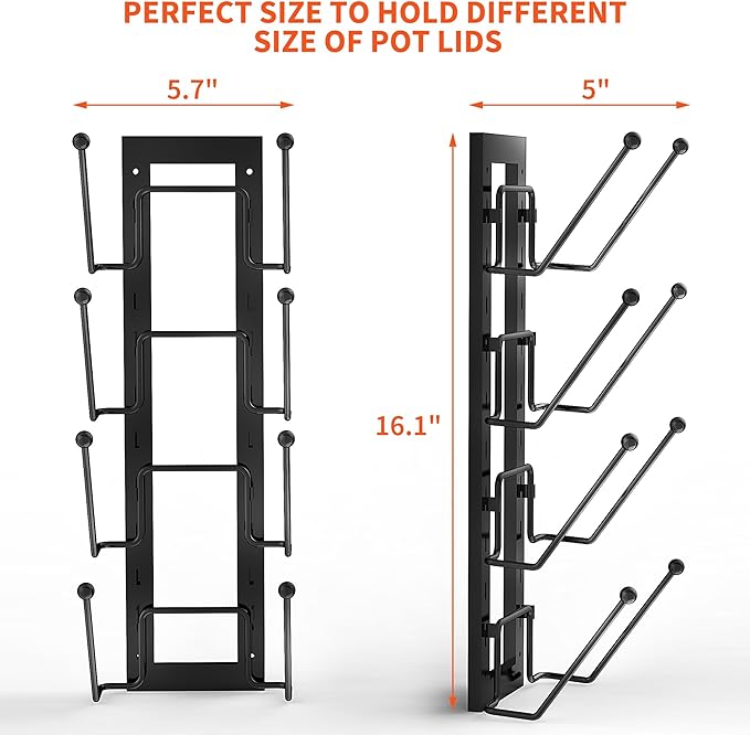 Cisily 8 Layers of Adjustable Pot Lid Organizer Rack for Cabinet Door/Wall，2Pack Lid Organizer Pots and Pans Holder for Kitchen Storage with No Drilling Adhesive 5.7 W“(Black)