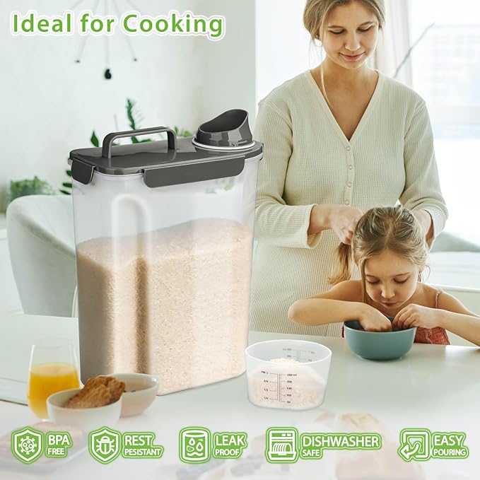 Viretec Rice Storage Container, 10 to 20lb Dry Food Airtight Dispenser, Pet Dog Cat Food Canister, BPA Free Clear Plastic Kitchen and Pantry Organization Bin for Oatmeal, Cereal, Pasta, Flour Grey