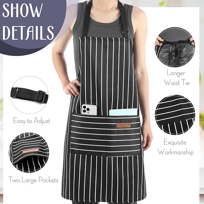 Handepo 12 Pcs Cotton Aprons for Women Men with Pockets Soft Adjustable Bib Stripe Aprons for Cooking Kitchen Chef