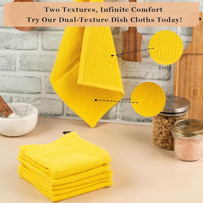 DishCloths Kitchen|Waffle Terry Check Weave Hand Towels|Cotton 12x12" Reusable Dish Rags Washing Scrub Cleaning Dishes|Dish Bar Mop Towels Hand Wipes|Spring Easter Basket Decor|6 Pc -Lemon Yellow