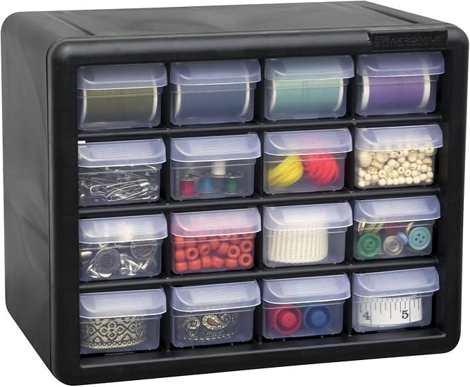 Akro-Mils 16-Drawer Plastic Drawer Storage Cabinet for Garage Organization, Beads, Makeup Organizer, Building Bricks Storage, Teacher Toolbox, 10-1/2" W x 6-1/2" D x 8-1/2" H, 10716 Black
