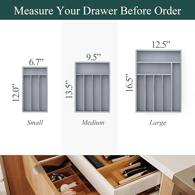 Silverware Organizer, Bamboo Kitchen Drawer Organizer, Utensil Holder, Cutlery Tray & Spoon Flatware Storage with Grooved Drawer Dividers(Grey, 9.5''W x 13.5''D)