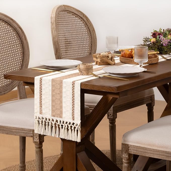DeZerlor Boho Macrame Table Runner Spring Easter Farmhouse Woven Table Runner with Tassels 90 Inches Ivory& Khaki Cotton Linen Kitchen Table Decor for Dining Dresser Home Tea Table Decor