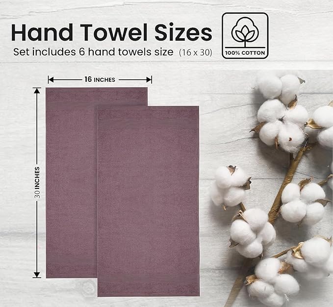 Premium Hand Towels Pack of 6 (16" x 30”) 100% Combed Ring Spun Cotton | Highly Absorbent Hand Towels Set | Ultra Soft for Home, Gym & Spa (Purple Ash)