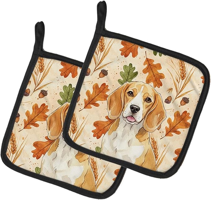 Caroline's Treasures Lemon and White Beagle Heirloom Fall Pair of Pot Holders Pair 7.5x7.5 Quilted Insulated Hot Pads Decorative Kitchen Gift Made in USA