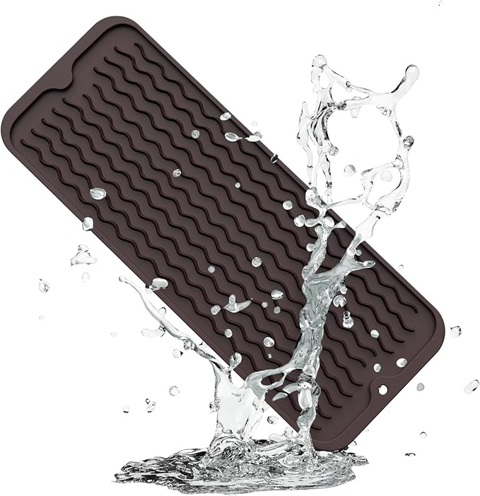 ZLR Silicone Sponge Holder & Sink Caddy Tray (6" x 17") - Narrow Dish Drying Mat for Kitchen Counter - Waterproof Soap Dispenser Organizer, Non-Slip Bathroom Vanity Tray (Coffee)