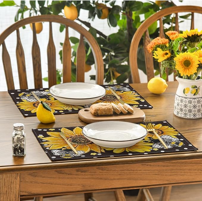 Artoid Mode Black Sunflower Bee Flower Polka Dot Summer Placemats Set of 4, 12x18 Inch Table Mats for Table Runner Party Kitchen Dining Decoration