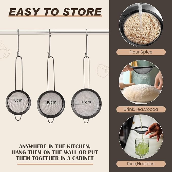 Norme 4 Quart Stainless Steel Black Colander and 3 Pcs Black Fine Mesh Strainer, Stainless Steel Pasta Rice Food Metal Strainer with Handles, Easy Clean and Dishwasher Safe