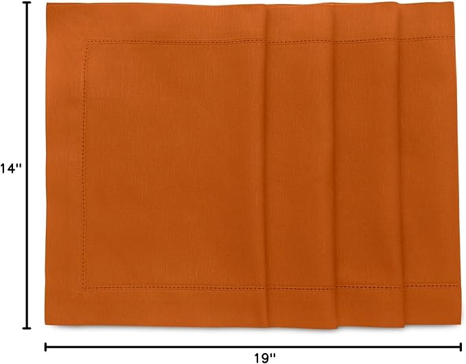 Solino Home Cotton Linen Placemats Set of 4 - Hemstitch Cinnamon Placemats 14 x 19 Inch - Machine Washable Table Mats for Mothers Day