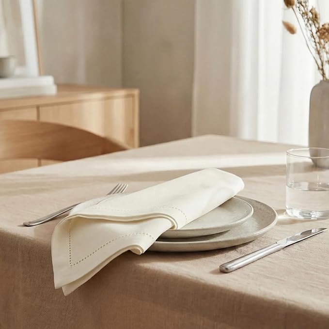 Urban Villa Cloth Napkins Ivory Hemstitch Dinner Napkins Set of 12 (20X20)100% Cotton Absorbent Washable Durable Reusable Ideal for Easter Decorations Farmhouse Parties Restaurant Lunch Dinner Napkins