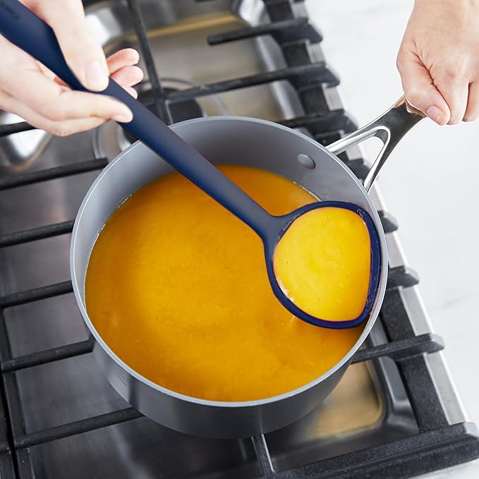GreenPan Silicone Ladle, Soup Mixing Stirring Serving, Cooking Kitchen Utensil, Flexible Rubber Nonstick Cookware, Rigid Steel Core, Heat-Resistant, Anti-Slip Handle, BPA-Free, Dishwasher Safe, Blue