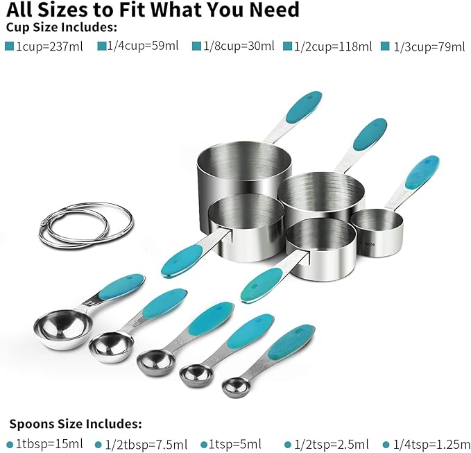 Measuring Cups : U-Taste 18/8 Stainless Steel Measuring Cups and Spoons Set of 10 Piece, Upgraded Thickness Handle (Teal)