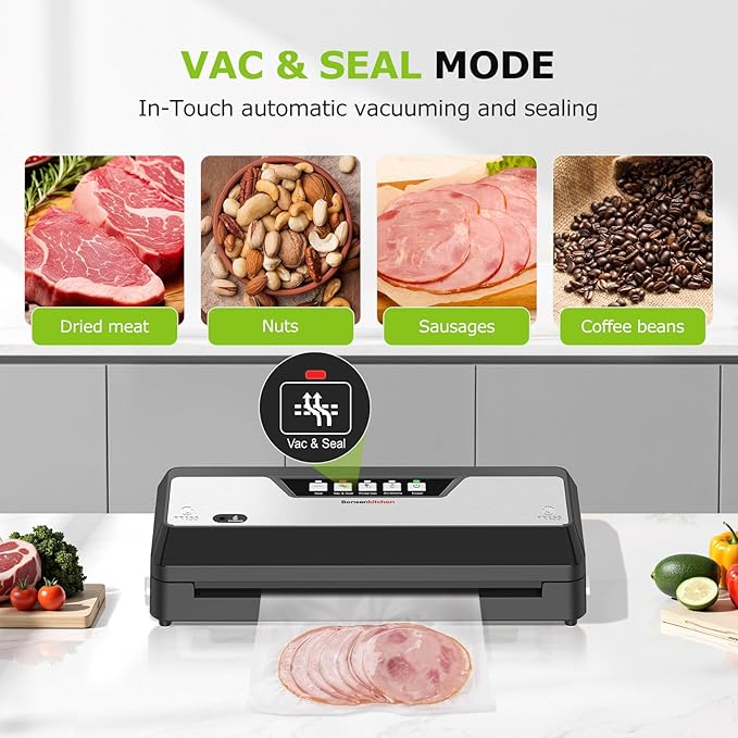 Bonsenkitchen Vacuum Sealer, Multi-Functional Food Sealer with 1 Roll Bag+ 5 Bags, Fast-Compact Design | Bag Storage | Built-in Cutter, External Vacuum System & Accessory Tube, Silver