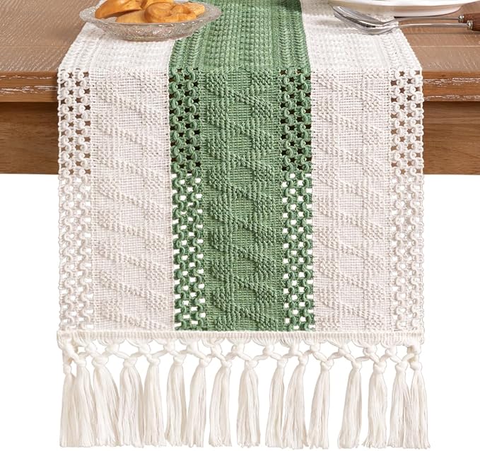 Socomi Boho Table Runner Macrame Easter Spring Farmhouse Woven Cotton Linen Rustic Coffee Table Runner with Tassels for Dresser Scarf Home Decor Dining Room 12x90 inch Sage Green Ivory
