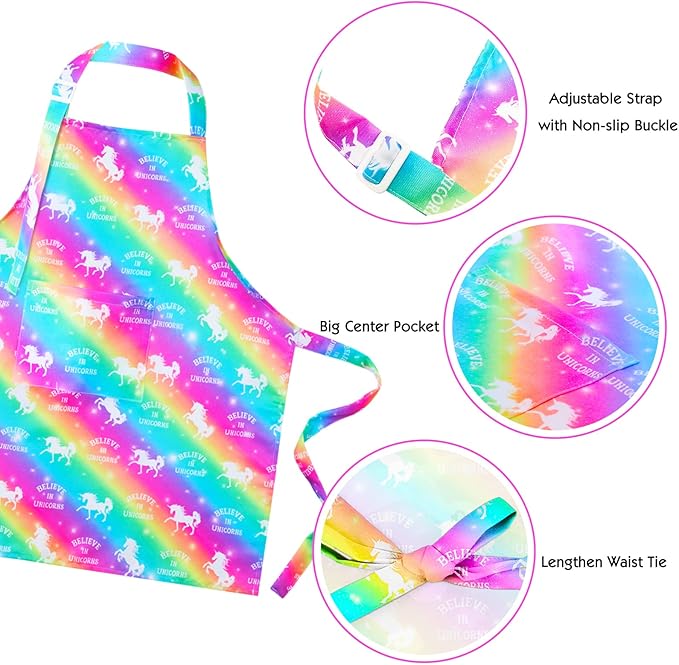 PASHOP 2 Pack Kids Apron Rainbow Unicorn Toddler Apron With Pockets for Kids Girls Boys Cooking Baking Painting