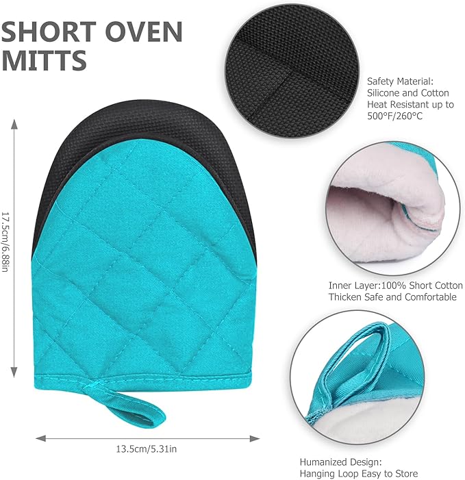 Short Oven Mitts, Heat Resistant 500°F, Silicone Grip Kitchen Gloves, Non-Slip for Baking, Grilling, BBQ, Machine Washable with Hanging Loop, 2-Pack Set, Coral Blue