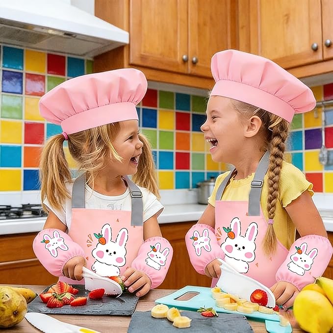 2-Piece Kids' Apron and Chef Hat Set, Adjustable with Pockets, for Children's Cooking, Baking, and Painting, Pink Floral Design for Boys and Girls Ages 3-6