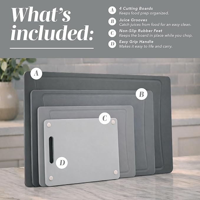 COOK WITH COLOR Non-Slip Cutting Board Set – Kitchen Essentials with Easy Grip Handle for Meat, Veggies, and Fruits, 4 Cutting Boards, Gray-New