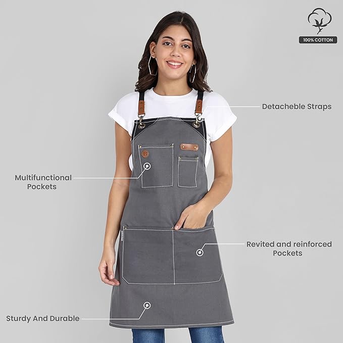 Chef Apron, Recycled Cotton Kitchen Apron with an Adjustable Neck with Long Ties, for cooking, baking